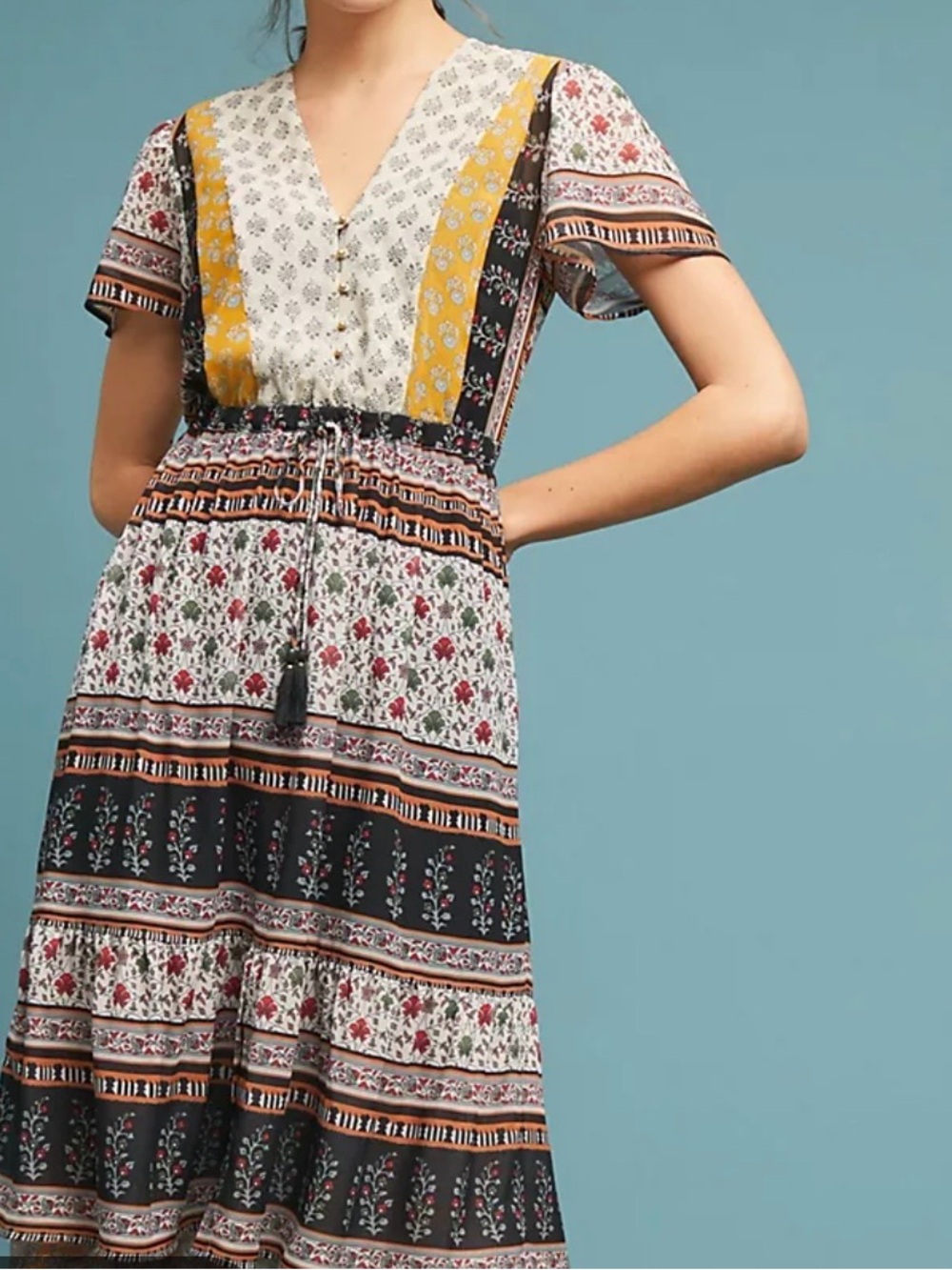 One September V‑Neck Tiered Midi Dress in Black and Mustard